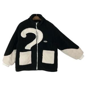 GEESAS Jacket L Oversized Black White Fleece Quilted Lined Colorblock Question